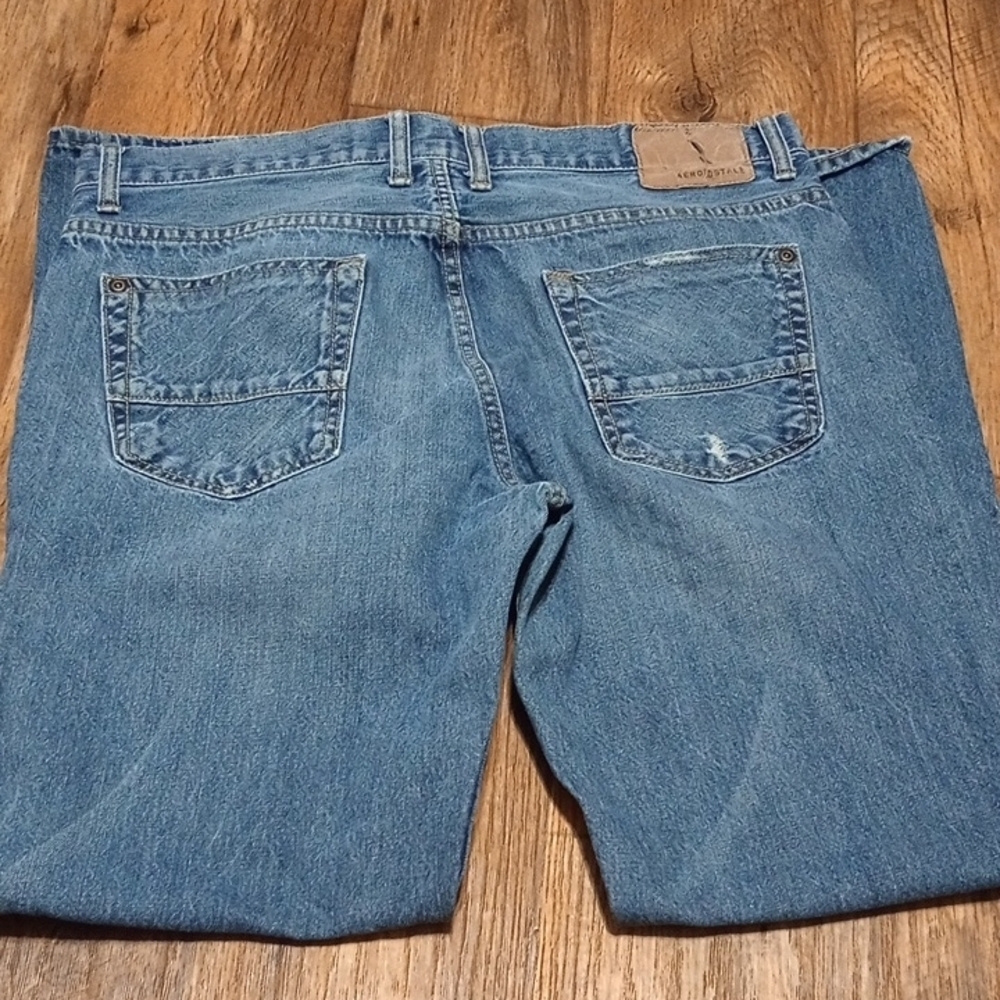 Aeropostale Men's Straight Blue Jeans With Distressed Leather Patch Vintage Y2K - Picture 5 of 5